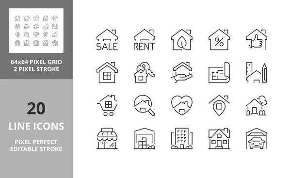 Eine Reihe Schmaler Symbole Für Häuser Und Immobiliendienstleistungen Umrissene Symbolsammlung — Stockvektor