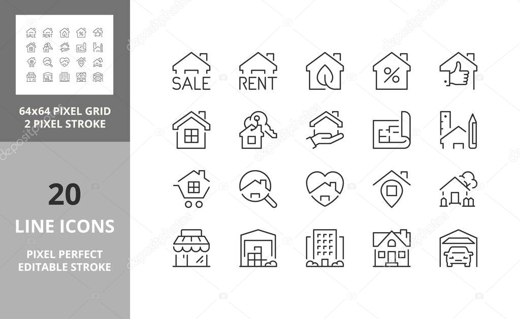 Set of thin line icons of houses and real estate services. Outline symbol collection. Editable vector stroke. 64 and 256 Pixel Perfect scalable to 128px