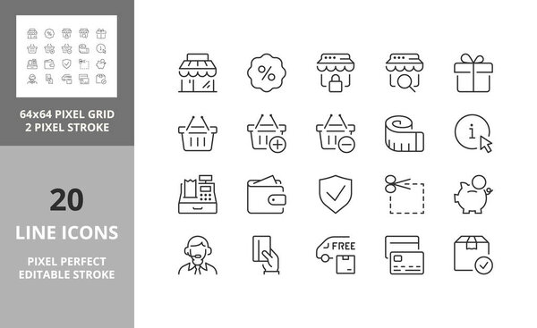 e-commerce and shopping thin line icon set 2 of 3. Коллекция контурных символов. Редактируемый векторный удар. 64 и 256 пикселей Идеальный масштабируемый до 128px