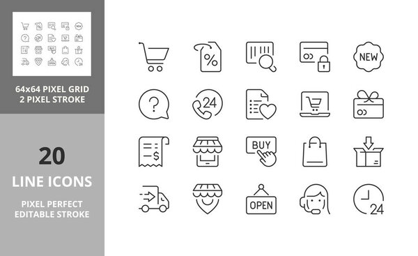 e-commerce and shopping thin line icon set 1 of 3. Outline symbol collection. Editable vector stroke. 64 and 256 Pixel Perfect scalable to 128px