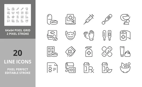 Apotheken Produkte Und Dienstleistungen Thin Line Icon Set Umrissene Symbolsammlung — Stockvektor