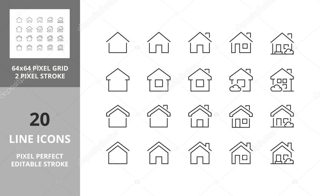 Set of thin line icons of homes and real estate. Outline symbol collection. Editable vector stroke.  64 and 256 Pixel Perfect scalable to 128px
