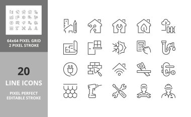 Home renovation, improvement and repair thin line icon set. Outline symbol collection. Editable vector stroke. 64 and 256 Pixel Perfect scalable to 128px clipart