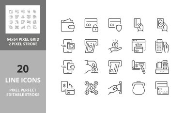 Para ve ödeme yöntemleri ince çizgi simgesi seti. Taslak sembol koleksiyonu. Düzenlenebilir vektör vuruşu. 64 ve 256 Piksel Mükemmel ölçeklenebilir 128px