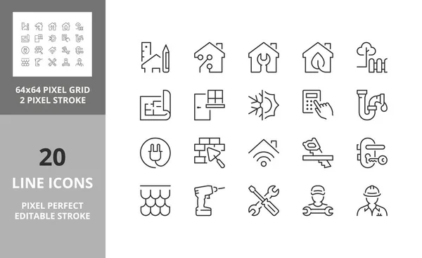 家居装修 装修和维修细线图标集 轮廓符号集合 可编辑的矢量行程 64和256 Pixel完美可扩展性为128Px — 图库矢量图片
