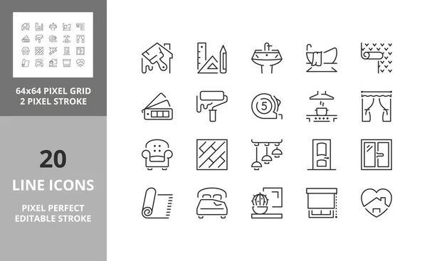 Decoración Del Hogar Diseño Interiores Conjunto Iconos Línea Delgada Esquema — Vector de stock