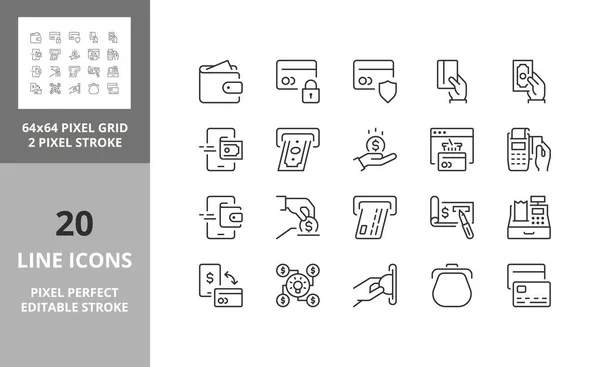 お金と支払い方法細い線のアイコンセット 概要シンボルコレクション 編集可能なベクトルストローク 64と256ピクセル128ピクセルまでの完璧な拡張性 — ストックベクタ