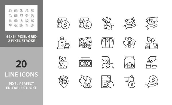 Soldi Monete Finanze Linea Sottile Set Icone Collezione Simboli Outline — Vettoriale Stock
