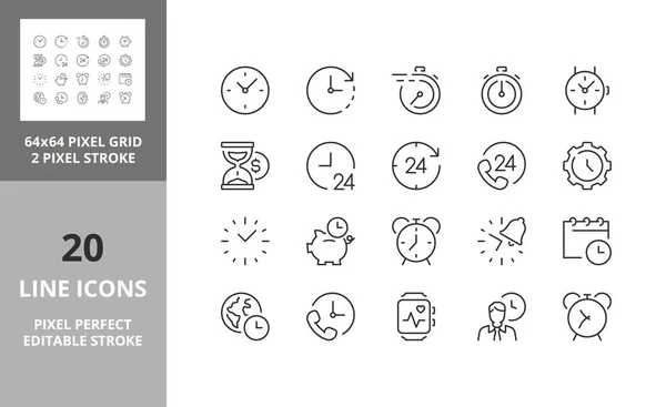 时间概念和时钟细线图标集 轮廓符号集合 可编辑的矢量行程 64和256 Pixel完美可扩展性为128Px — 图库矢量图片