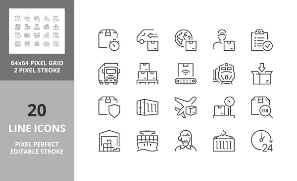 Logística Transporte Conjunto Iconos Línea Delgada Esquema Colección Símbolos Carrera — Archivo Imágenes Vectoriales