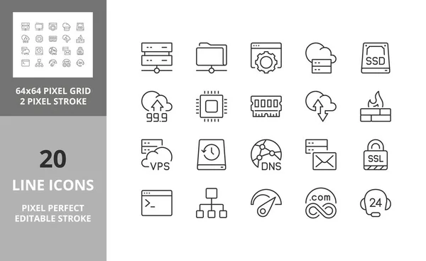 Conceptos Redes Hosting Cloud Computing Set Iconos Línea Delgada Esquema — Vector de stock