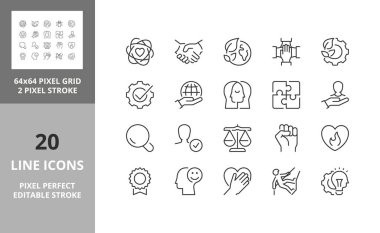 Core values concepts. Thin line icon set. Outline symbol collection. Editable vector stroke. 64 and 256 Pixel Perfect scalable to 128px clipart