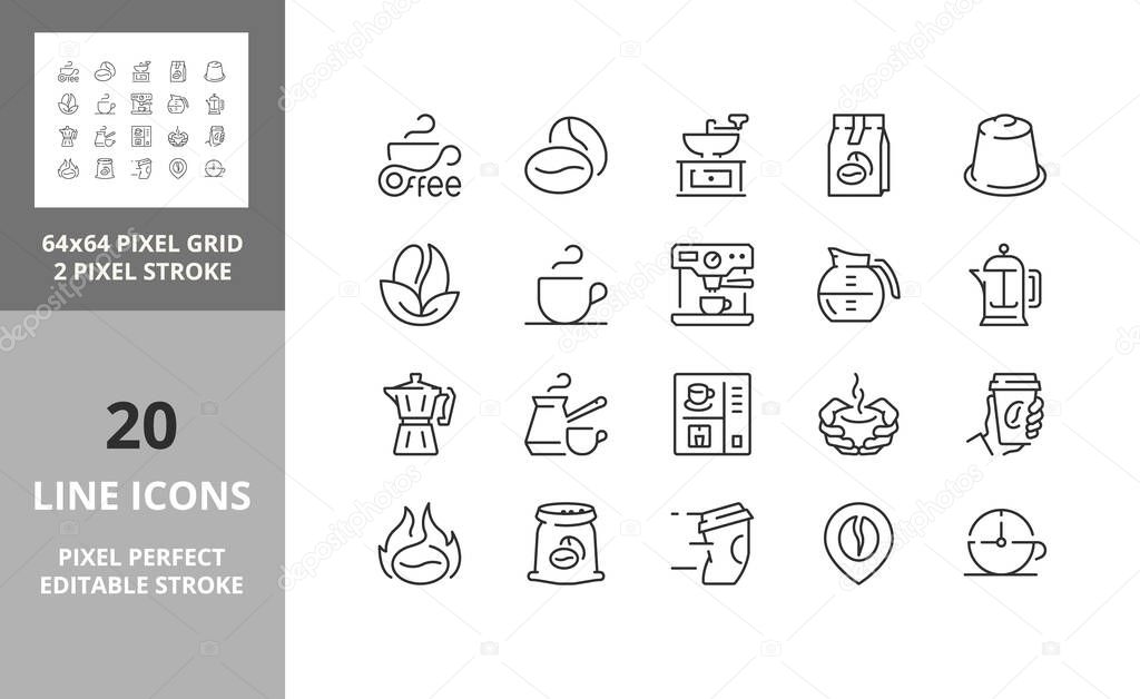 Coffee thin line icon set. Outline symbol collection. Editable vector stroke. 64 and 256 Pixel Perfect scalable to 128px