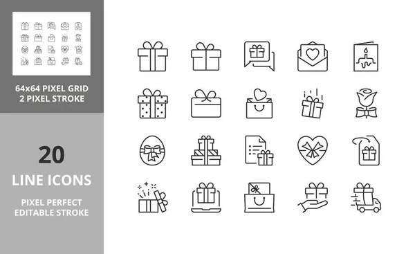 Geschenke Und Geschenke Thin Line Icon Gesetzt Umrissene Symbolsammlung Editierbarer — Stockvektor