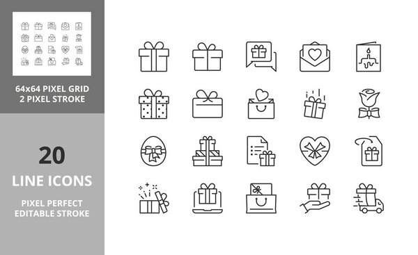 Gifts and presents. Thin line icon set. Outline symbol collection. Editable vector stroke. 64 and 256 Pixel Perfect scalable to 128px