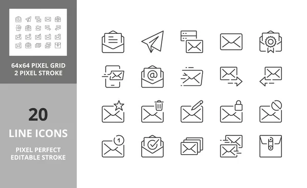 メールと電子メールの連絡先 細い線のアイコンセット 概要シンボルコレクション 編集可能なベクトルストローク 64と256ピクセル128ピクセルまでの完璧な拡張性 — ストックベクタ