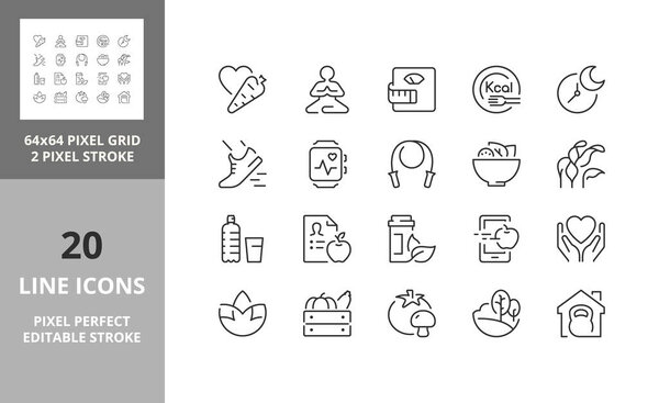Healthy lifestyle. Thin line icon set. Outline symbol collection. Editable vector stroke. 64 and 256 Pixel Perfect scalable to 128px