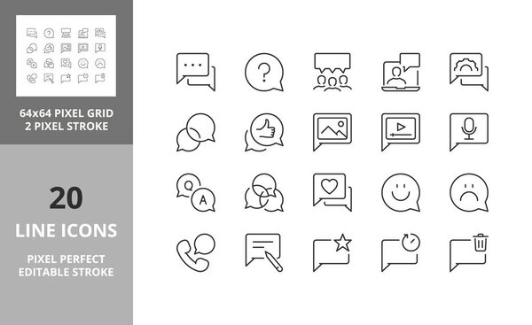 Chat bubbles, communication concepts. Thin line icon set. Outline symbol collection. Editable vector stroke. 64 and 256 Pixel Perfect scalable to 128px