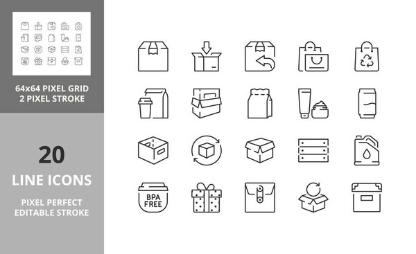 Package thin line icon set. Outline symbol collection. Editable vector stroke. 64 and 256 Pixel Perfect scalable to 128px