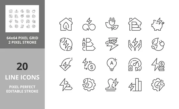 Iconos Línea Sobre Eficiencia Energética Ahorro Desarrollo Sostenible Carrera Vectorial — Vector de stock