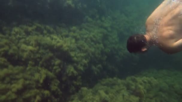 Hombre nadando bajo el agua — Vídeos de Stock