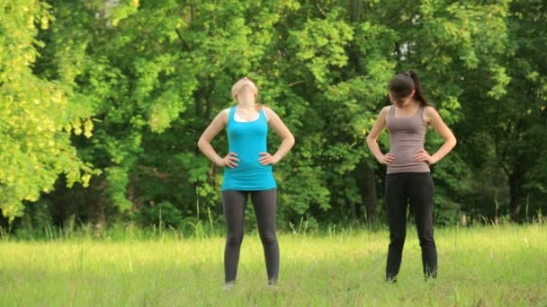 Dos mujeres jóvenes atractivas haciendo ejercicio en el parque — Vídeos de Stock