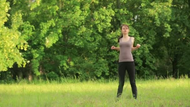 Молодая привлекательная женщина делает упражнения в парке — стоковое видео