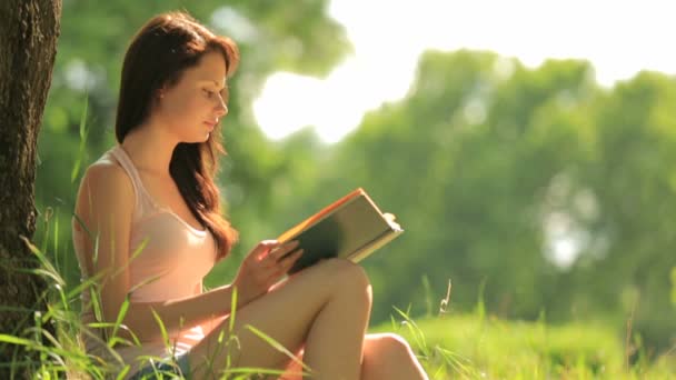 Chica sentada en el parque leyendo un libro bajo el árbol — Vídeos de Stock