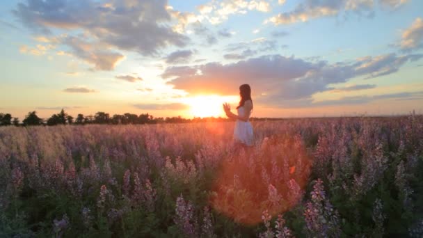 Young attractive woman in the flower meadow — Stock Video