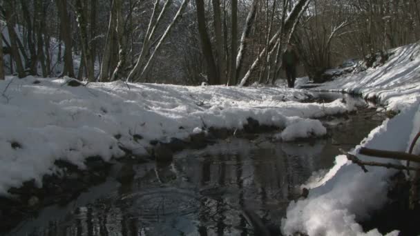 Mann läuft im Schnee an einem Fluss entlang — Stockvideo