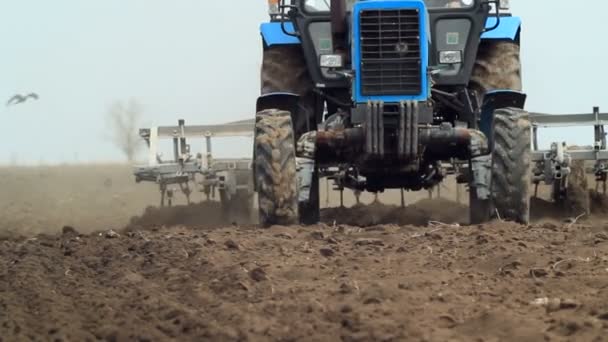 Rural landbouwgrond en trekker ploegen — Stockvideo