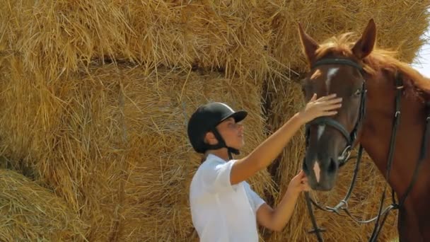 Bonito jockey lidera caballo — Vídeos de Stock