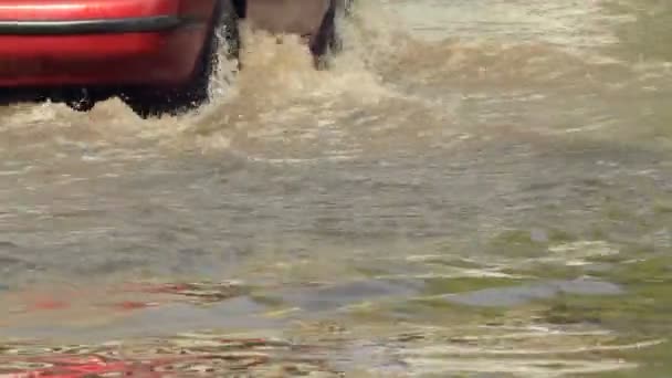 Coche y personas en aguas de inundación — Vídeo de stock