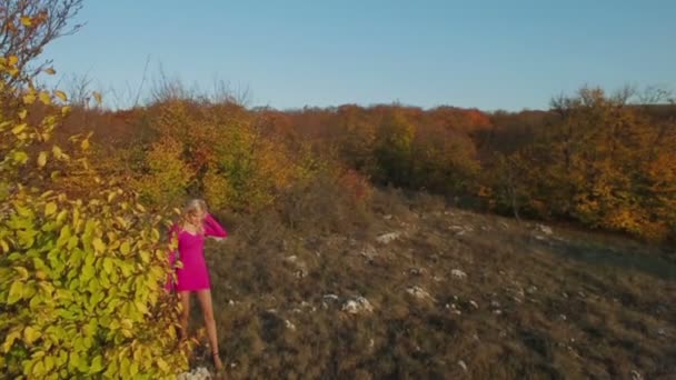 Красива модна модель в фіолетовому платті — стокове відео