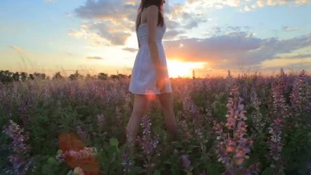 Young attractive woman in the flower meadow — Stock video