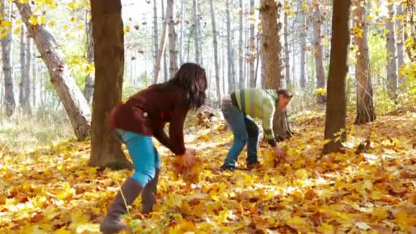 Пара в осеннем лесу — стоковое видео