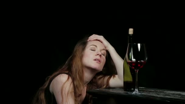 Sad Woman Drinking Wine — Stock Video