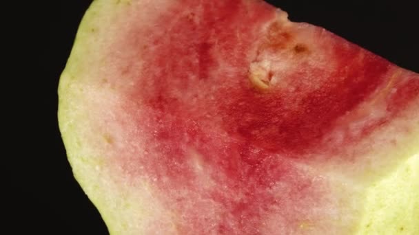 Macro Close Organic Sliced Guava Rotating Plate Isolated Black Background — 图库视频影像