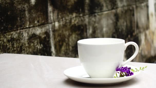 Ultra White Cup Tea Espresso Laid Granite Floor Old Wall — Stockvideo