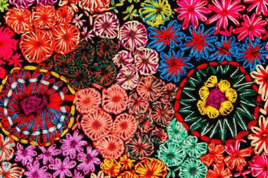 Colorful thai handcraft Kosher style rug surface old vintage torn conservation Made from natural materials Chemical free close up.