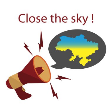 Hoparlör çizimi. Ukrayna üzerinde gökyüzünün kapatılmasını talep ediyorum. Ülkeyi Rus saldırısından korumak. Vektör illüstrasyonu