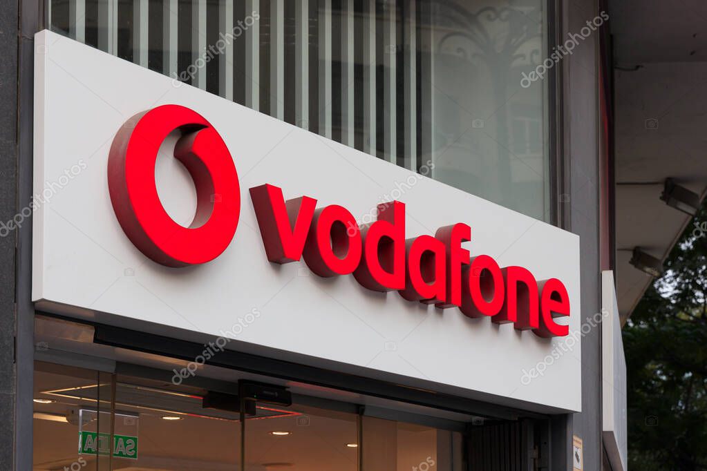 VALENCIA, SPAIN - SEPTEMBER 30, 2021: Vodafone is a British multinational telecommunications company. Vodafone will close all its Spanish shops by March 2022