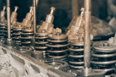 Siyah ve Beyaz egzoz vanası ve emme valfi ve yakıt enjektörü silindir motor motorunun başında