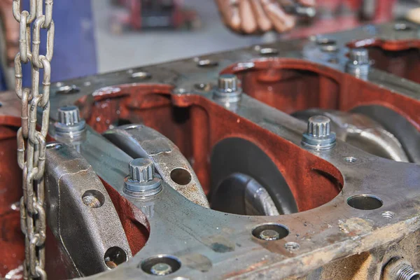 Bottom Cylinder Block and Crankshaft of Car Engine in Car Repair Shop
