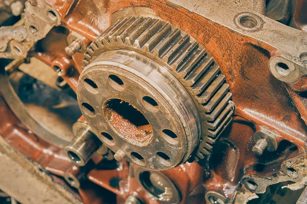 Otomobil Motorunun Önündeki Crankshaft dişlisinin Yüksek Açı Büyütme Görünümü