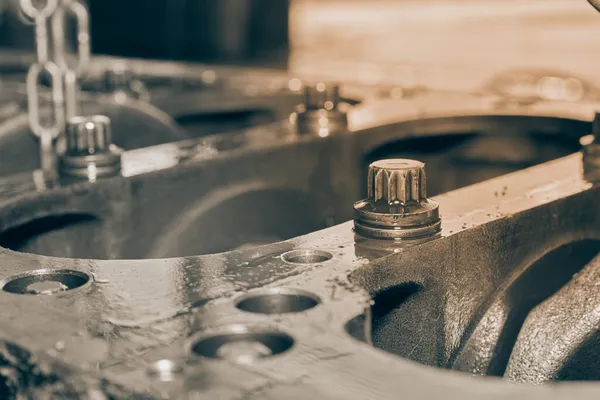 Görüntüyü Büyüt Sağ Çerçeve Siyah ve Beyaz Silindir Blok Bolt ve Crankshaft ve Motor Yağı Lekesi