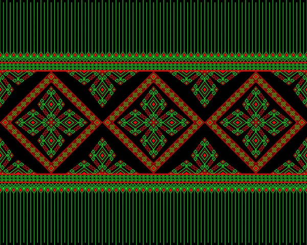 对称菱形几何波希米亚风格服装或服装 包装设计中黑色背景上的绿色红色土著或部落无缝图案 — 图库矢量图片