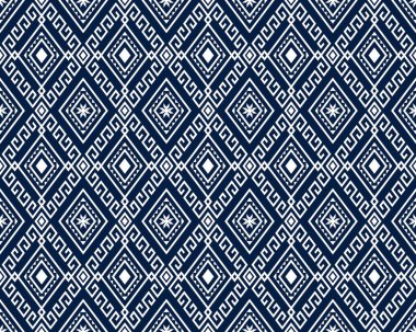 Beyaz Kabile ya da Simetri 'de Mavi Arkaplan üzerindeki Etnik Kusursuz Desen Rhombus Geometric Bohemya Biçimi Giysi, Nakış, Kumaş, Paket Tasarımı