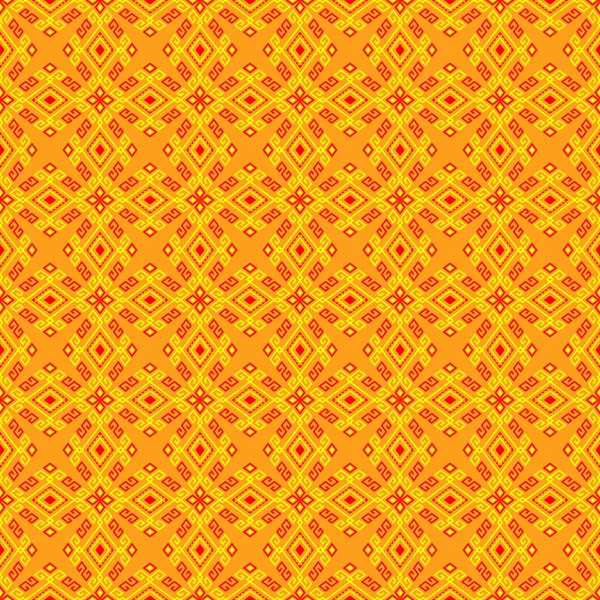 黄色の赤部族やネイティブシームレスなパターン上の黄色の背景対称性Rhombus幾何学的ボヘミアンスタイル用服やアパレル パッケージデザイン — ストックベクタ