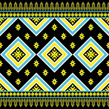 Mavi Sarı Simetri Geometrik Meydanı Etnik Şekilsiz Desen Siyah Arkaplan Tasarımı. Doğu Nakış Biçimi